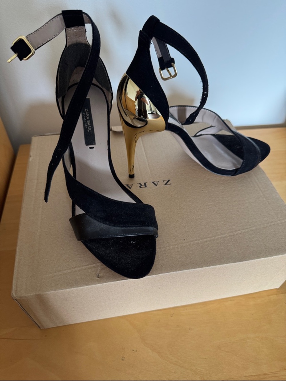 Zara Black Suede Open-Toe Heels with Gold Stiletto